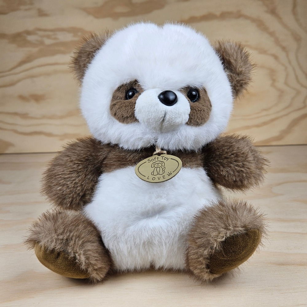 Soft Toy LOVE Brown White Fluffy Panda Bear Plush Faux Fur Stuffed Animal